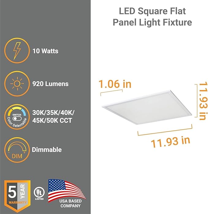 Diodesy- 1x1Ft LED Flat Panel Light 5 CCT 3000K/3500K/4000K/4500K/5000K Selectable 10W 920 Lumens