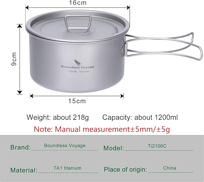Boundless Voyage Titanium Pot Portable Camping Cookware Lightweight Cooking Pot Set for Outdoor