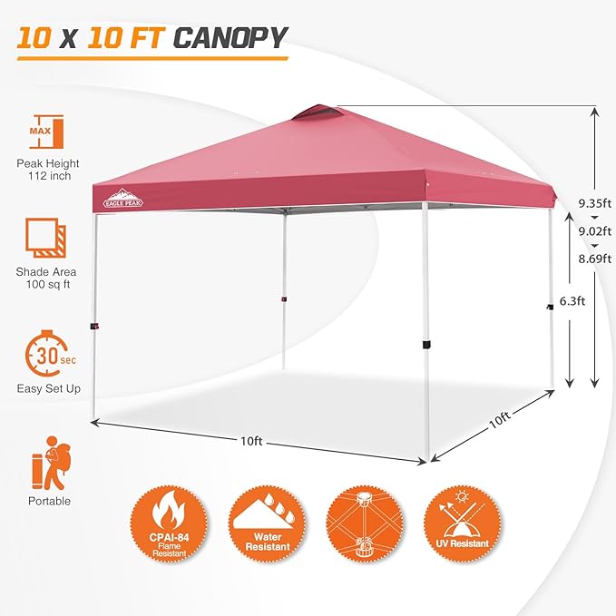 EAGLE PEAK Pop Up Canopy Tent with Wheeled Carry Bag, 8 Stakes, 4 Ropes, 4 Weight Bags, Easy Set Up