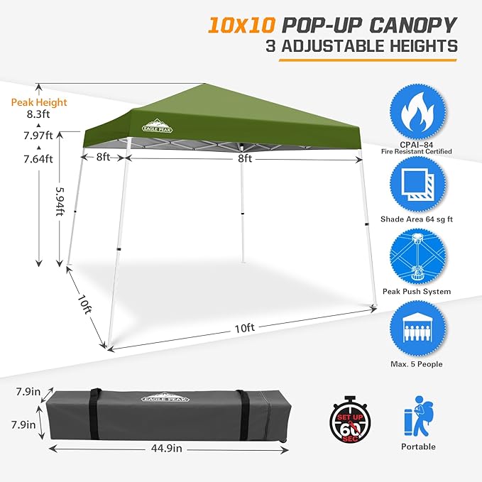 EAGLE PEAK 10x10 Slant Leg Pop-up Canopy Tent Easy One Person Setup Instant Outdoor Beach Canopy