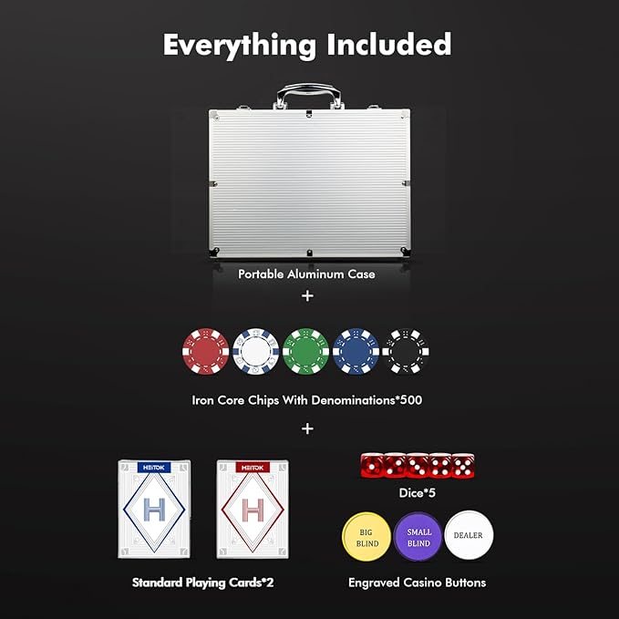 Poker Chip Set, 500PCS 11.5g Casino Quality Poker Chips with Aluminum Case, Playing Cards, Dealer