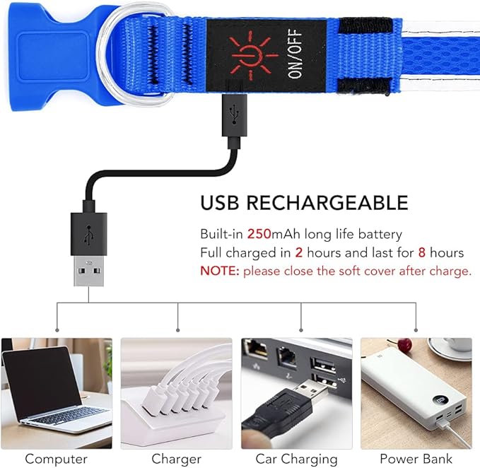 YFbrite Light up Dog Collar, USB Rechargeable LED Puppy Collar Super Bright Adjustable Glowing Dog