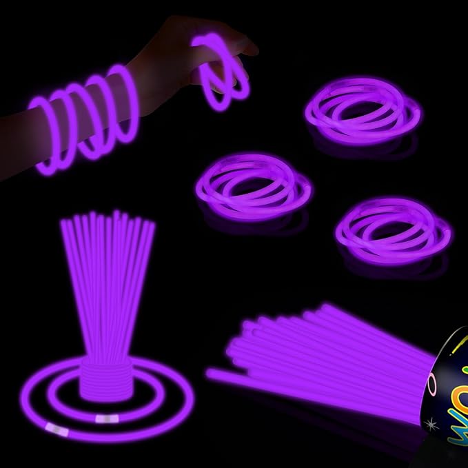 40 Pack 8” Purple Glow Sticks Bulk with 40 Connectors Neon Glow In Sticks Necklaces The Dark Party