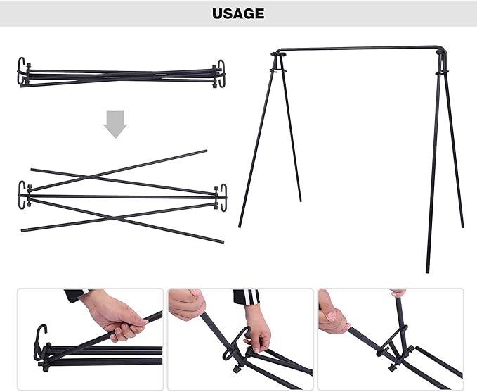 REDCAMP Swing Campfire Grill Stand - Collapsible Campfire Cooking Rack with 6 Hooks & Iron Grill
