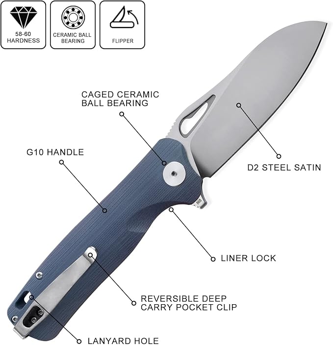 Petrified fish PF868 Bunta,3.35" D2 Satin Blade,146g G10 Handle Flipper Folding knife (Gray G10