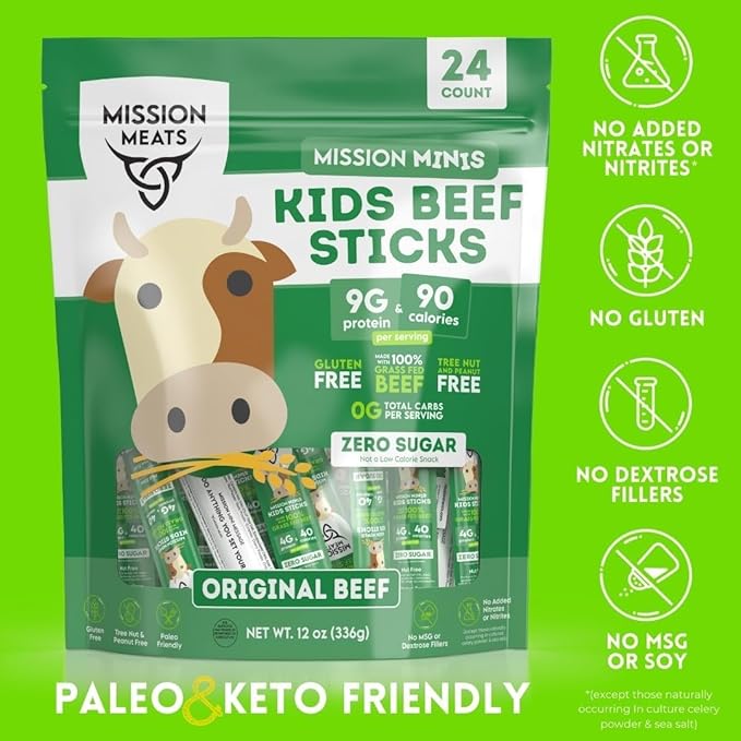 Mission Meats Kids Beef Sticks ??100% Grass Fed & Pasture Raised, Healthy Snacks for Kids, Sugar