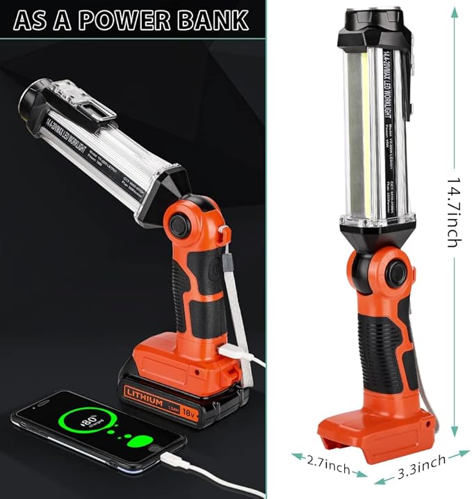 Cordless LED Work Light for Black & Decker 20V Li-ion Battery, 35W 2000LM Outdoor Flashlight