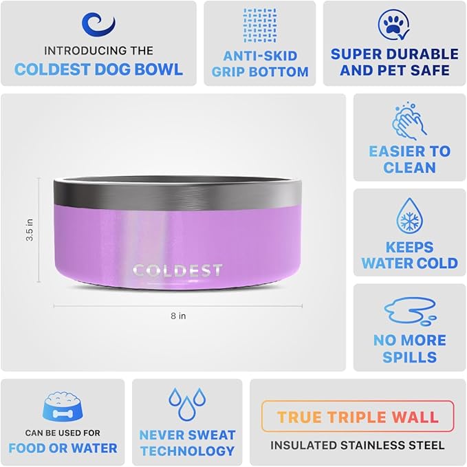 Coldest Dog Bowl - Anti Rust Metal, Non Slip, 3 Layers Insulated Stainless Steel Dog Bowls - Spill
