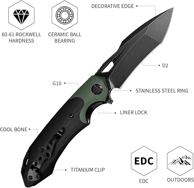 D2 Steel Folding Knife - 9CM Black Tactical Blade, G10 Handle, Pocket Clip - EDC Camping, Survival