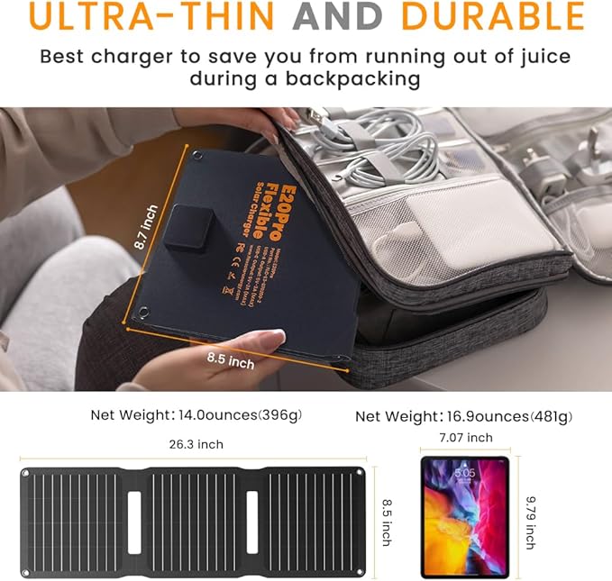 FlexSolar 20W Solar Panel Charger 5V USB-A USB-C Output Portable Foldable Small Power IP67