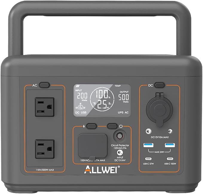 ALLWEI Portable Power Station 500W, 512Wh LiFePO4 Battery, UPS Function, 2.5Hrs Fast Charge, 2 AC