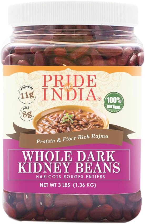 Pride Of India - Indian Whole Dark Kidney Beans - Protein & Fiber Rich Rajma, 3.0 Pound Jar