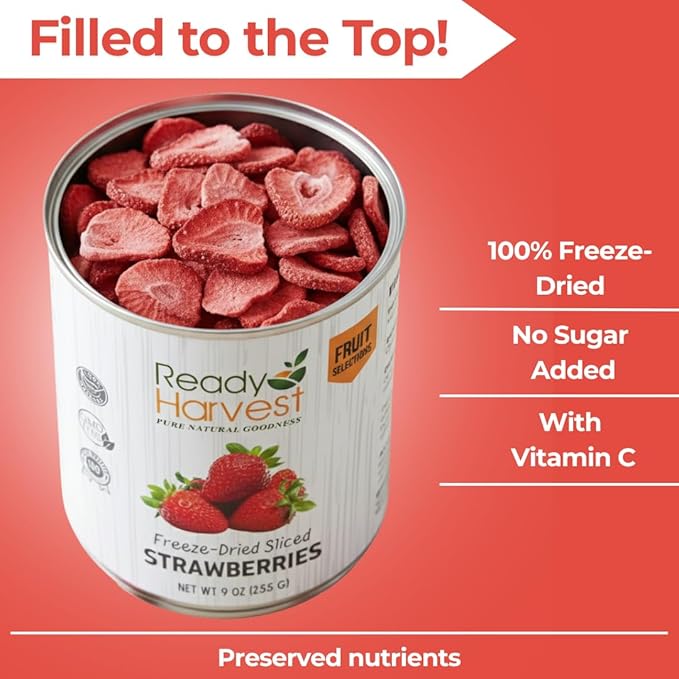 Ready Harvest Freeze Dried Strawberries - Full Can 24 Servings, 9 oz - 100% Natural, Healthy