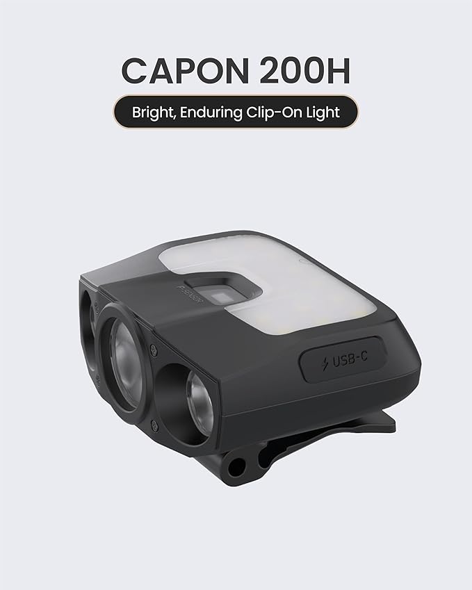 Claymore Capon 200H (Black) - LED Rechargeable Clip-On Cap Headlamp, Lightweight Hat Light for