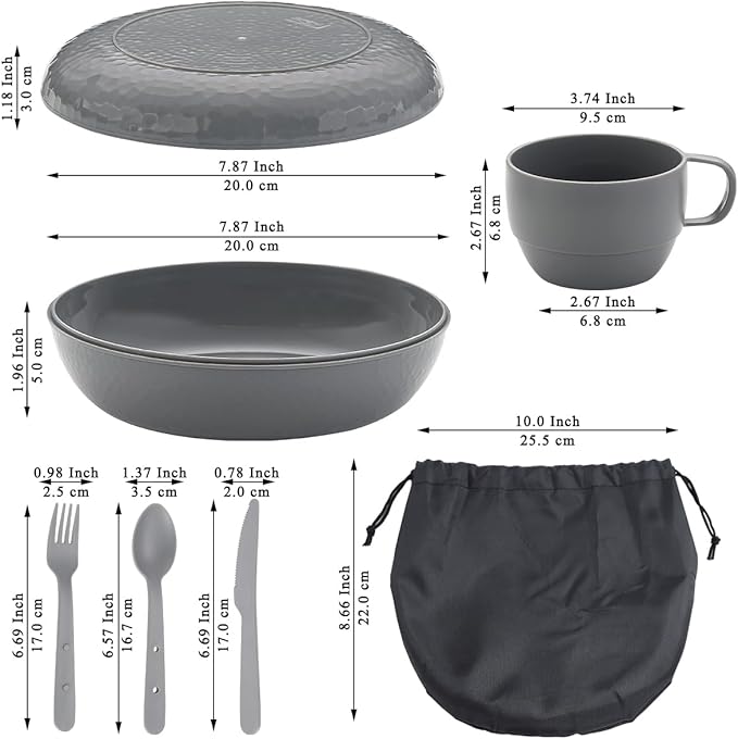 Berglander Camping Mess Kit with Bowl, Plate, Cup, Spoon, Fork, Knife and Carry Bag, Plastic