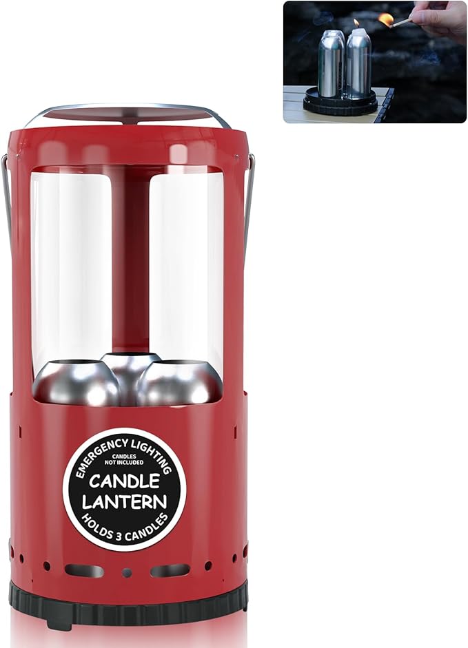 Candle Lantern, Decorative 3-Wick Emergency Candlestick Holder for Pillar Candles, Portable Red