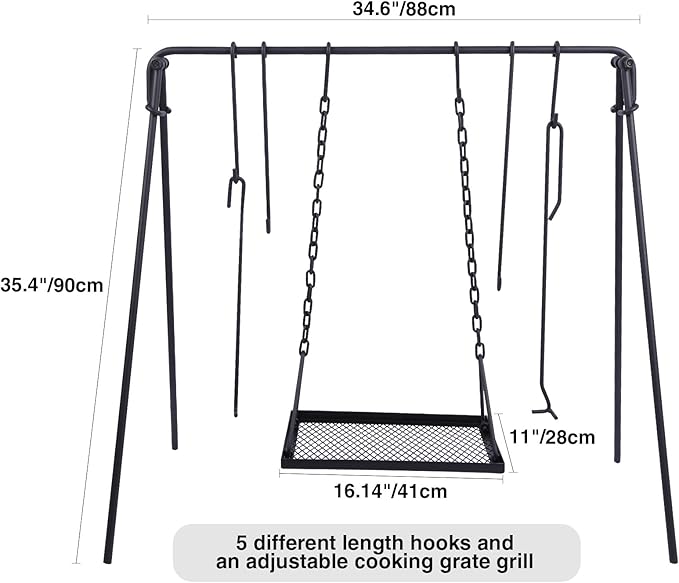 REDCAMP Swing Campfire Grill Stand - Collapsible Campfire Cooking Rack with 6 Hooks & Iron Grill
