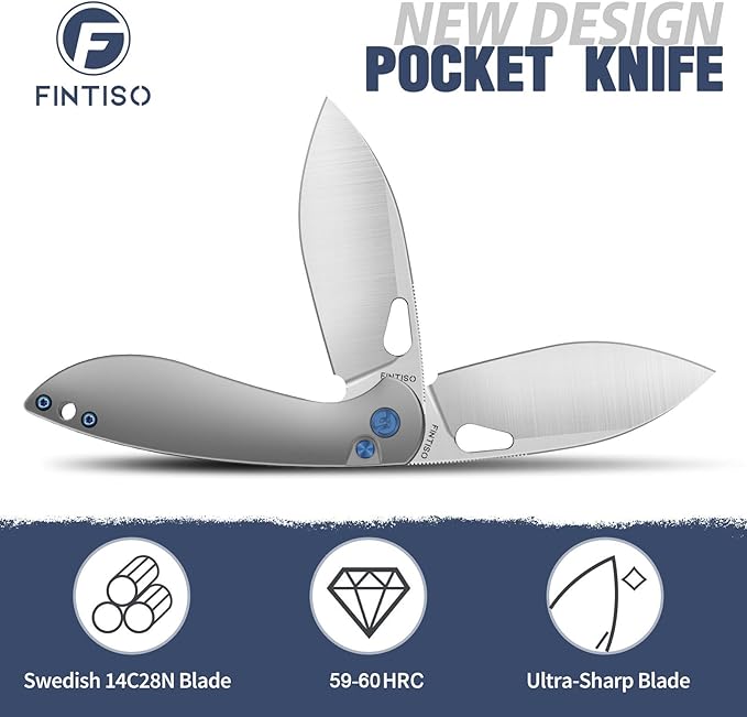 FINTISO Pocket Knife, 3.1" Premium 14C28N Blade Folding Knife with Button Lock, EDC Knife with