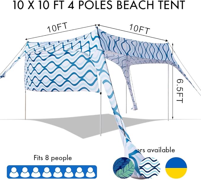 Beach Canopy Tent Shade with Sidewalls 10x10FT, 6.6FT Tall, UPF50+ Sun Shelter, Windproof & Water