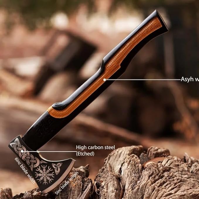 Viking Axe | 18" Carbon Steel Throwing Hatchet with Ash Wood Handle & Leather Sheath | Etched Norse