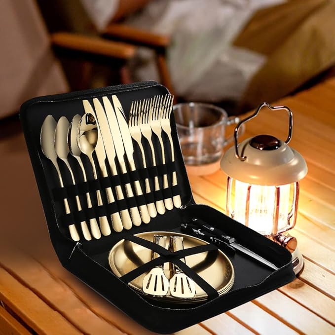 Picnic Dishes Utensils Gold Camping Flatware Set for 4 Portable Tableware Plates Silverware Forks
