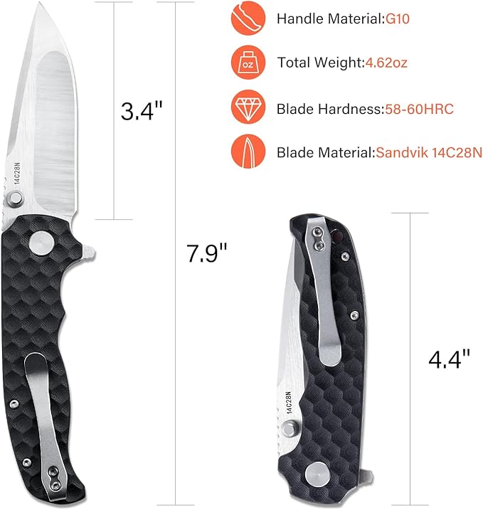 Men's Folding Pocket Knife – 3.4" Sandvik 14C28N Blade G10 Handle Ceramic Bearings Liner Lock Deep