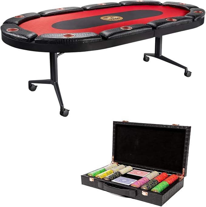 Triton Foldable Poker Table for 10 Players with Poker Chips Set 300- Soft-Padded Armrest