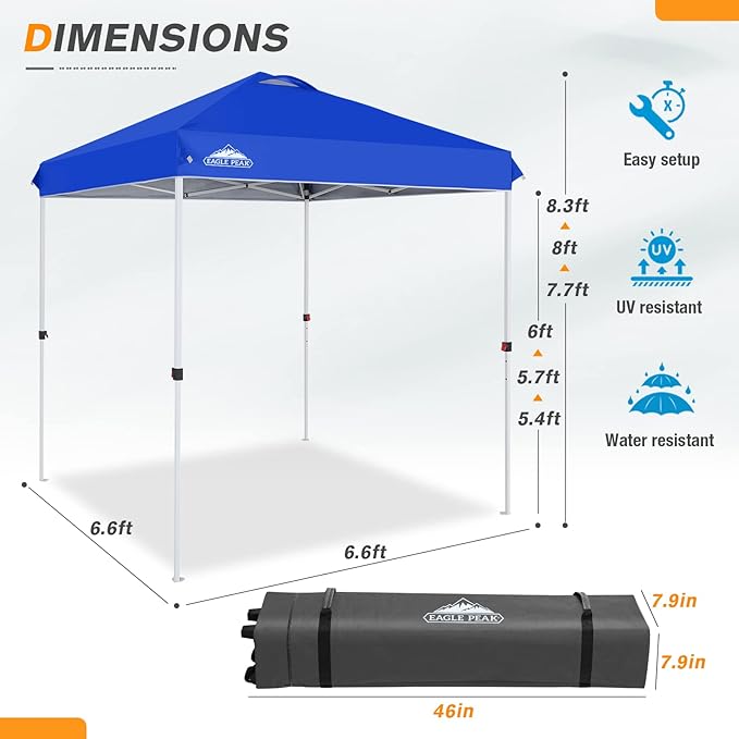 EAGLE PEAK Pop Up Canopy Tent with Wheeled Carry Bag, 8 Stakes, 4 Ropes, Easy Set Up Tent Canopy