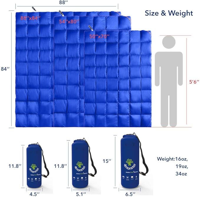 4Monster Down Camping Blanket - Outdoor Travel Quilt Puffy 650 Fill, Packable, Lightweight,Wind &