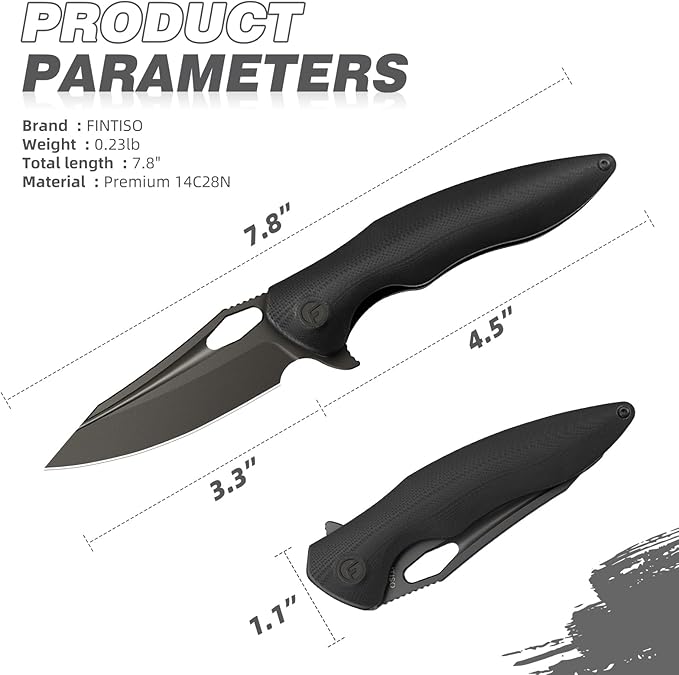 FINTISO Apollo Pocket Knife, 3.3" 14C28N Blade G10 Handle Folding Knife with Liner Lock, Small EDC