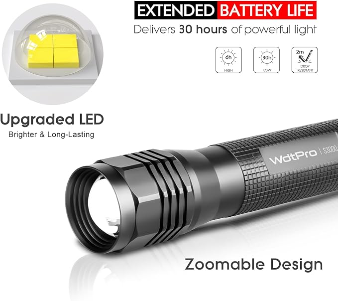 WdtPro High-Powered LED Flashlight S3000, Super Bright Flashlights - High Lumen, IP67 Water