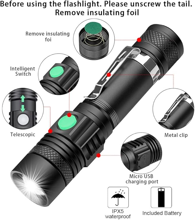 iToncs Rechargeable Flashlight, Pocket-Sized Torch with Super Bright High Lumens LED, Water