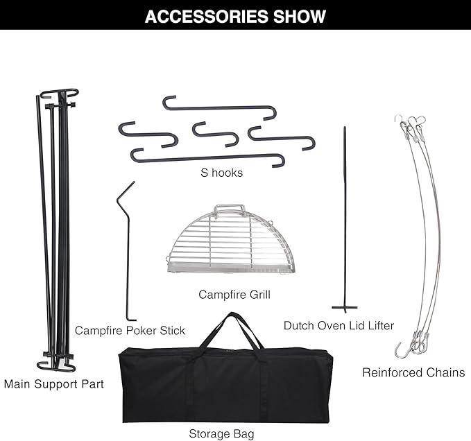 REDCAMP Swing Campfire Grill Stand - Collapsible Campfire Cooking Rack with 6 Hooks & Stainless
