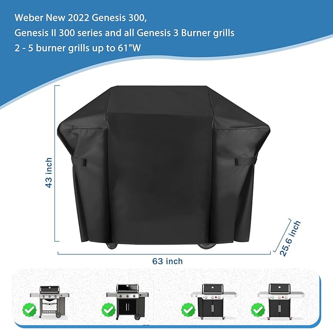 Grill Cover for Weber Genesis 300 Series and New 2022 Genesis 300 Grills, 63 Inch Heavy Duty 600D