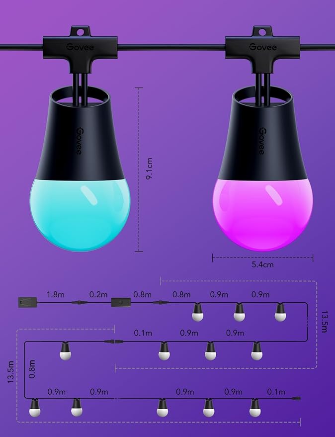 Govee Smart Outdoor String Lights 2, 96ft RGBIC Outdoor Lights with Dimmable Warm White LED Bulbs