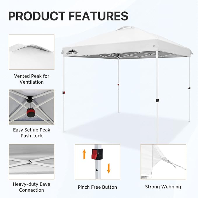 EAGLE PEAK Pop Up Canopy Tent with Wheeled Carry Bag, 8 Stakes, 4 Ropes, Easy Set Up Tent Canopy