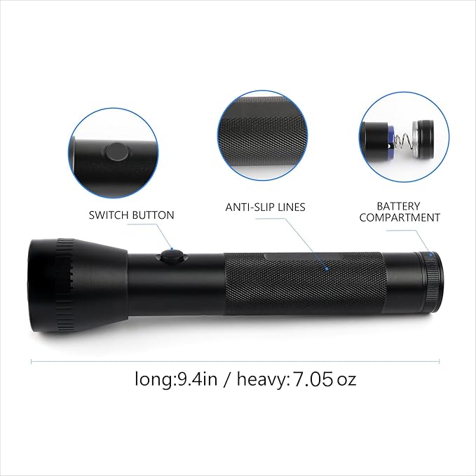 Heavy Duty 2-Cell D Battery LED Big Flashlights, High Lumens, Single Mode, Aluminum, Rugged Metal