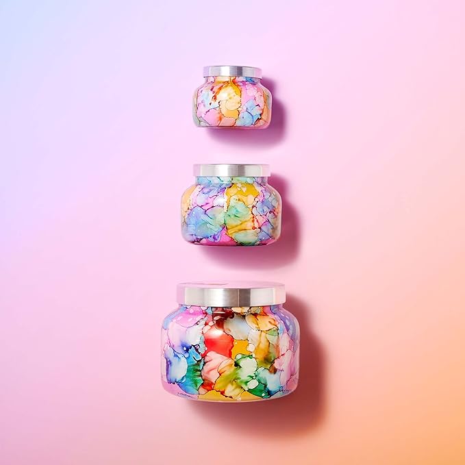 Capri Blue Volcano Candle - Rainbow Watercolor Petite Glass Jar Candle - Luxury Aromatherapy Candle