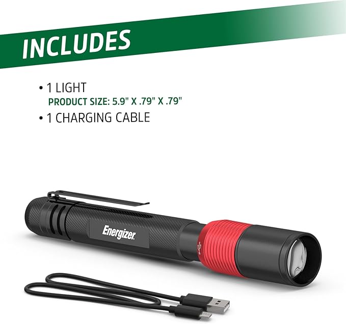 Energizer Rechargeable Penlight, 400 Lumens, IPX4 Water-Resistant, Lightweight Metal Compact