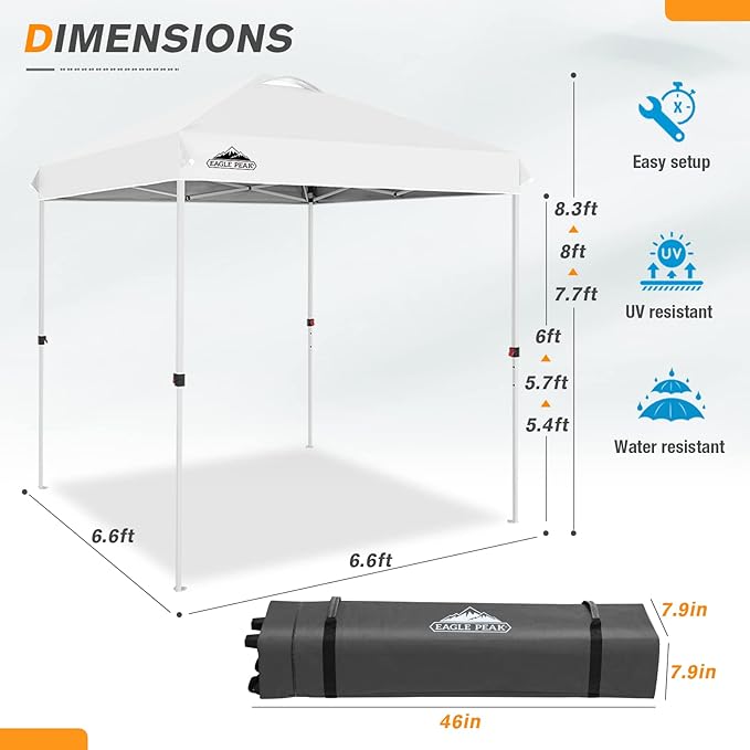 EAGLE PEAK Pop Up Canopy Tent with Wheeled Carry Bag, 8 Stakes, 4 Ropes, Easy Set Up Tent Canopy