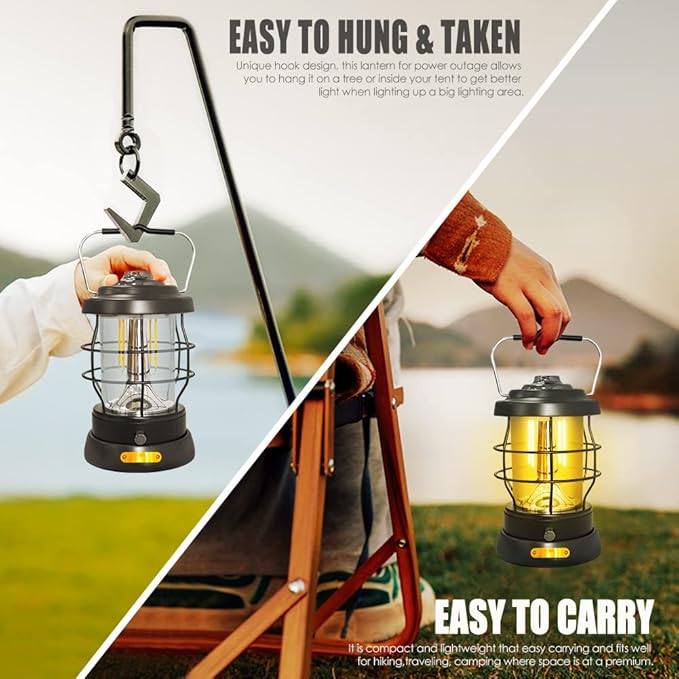 UniqueFire Retro Camping Lantern Rechargeable 1500LM 2 Modes Dimmable,Portable Electric Hurricane
