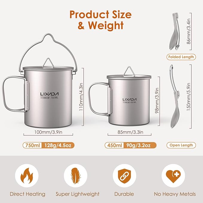Lixada Titanium Camping Cookware with Folding Spork, 750ml Camping Titanium Pot & 450ml Coffee Mug