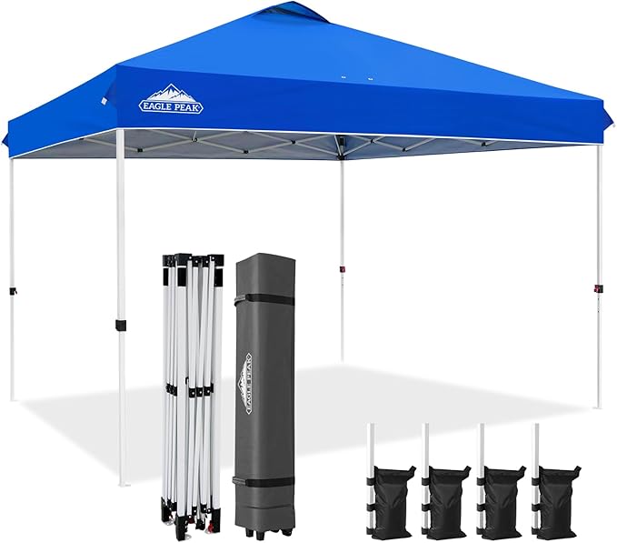 EAGLE PEAK Pop Up Canopy Tent with Wheeled Carry Bag, 8 Stakes, 4 Ropes, 4 Weight Bags, Easy Set Up