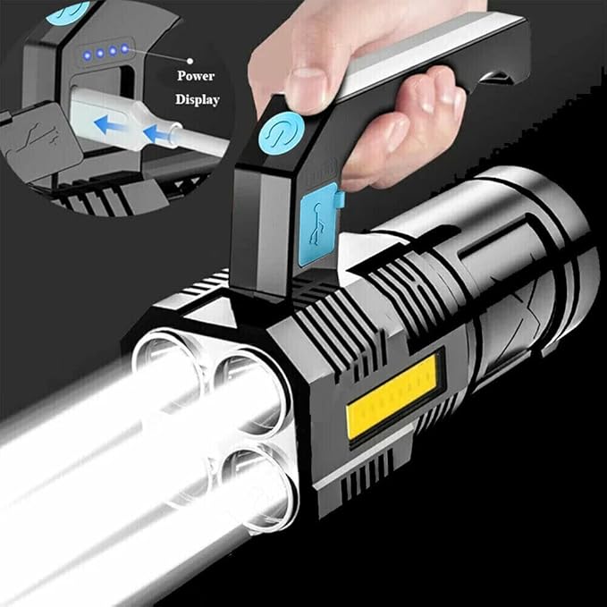 LED Flashlight USB Rechargeable, High Lumens Tactical Light with Sidelight, 4X LED, Zoomable