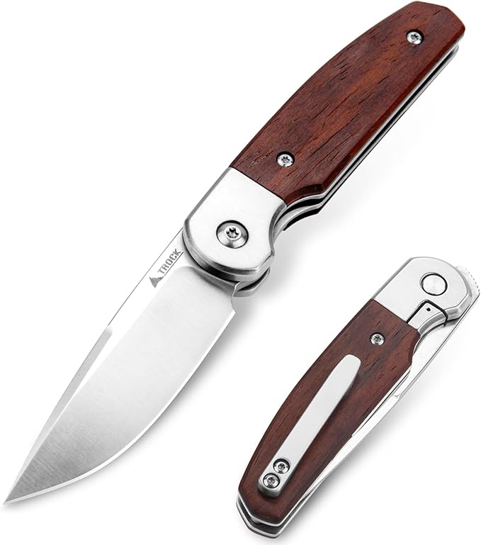 Small EDC Knife 2.8", Pocket Knife D2 Steel Point Blade Wood Handle - flipper Folding Knife for Men