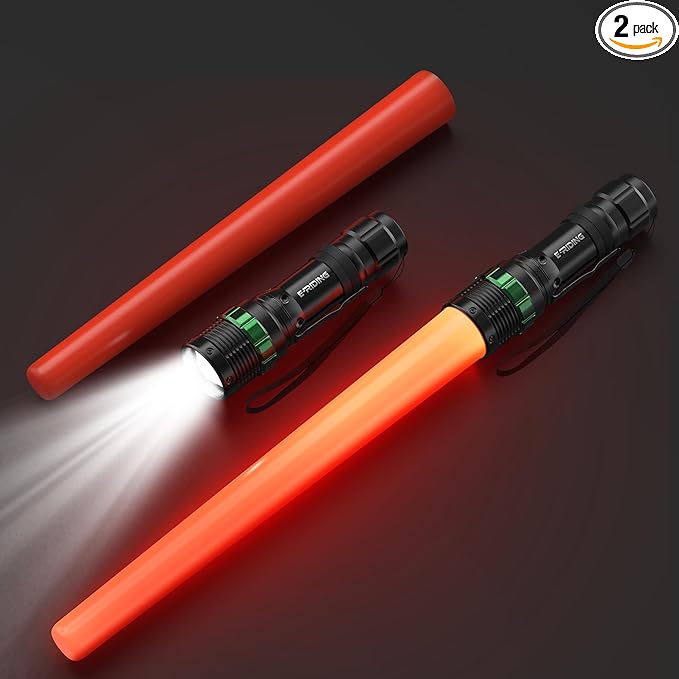 2 Pack Traffic Wand, 16 Inch LED Traffic Flashlight, Orange Safety Signal Baton with for 5 Flashing