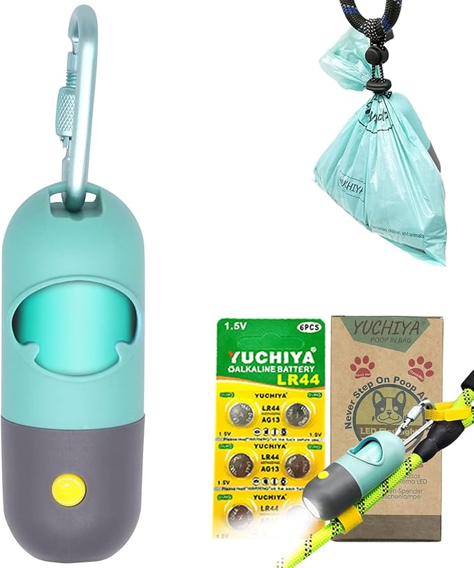 Dog Poop Bags Holder with LED Flashlight, 15 Crystal Blue Bags, 3 Accessories, 3 LR44 Batteries