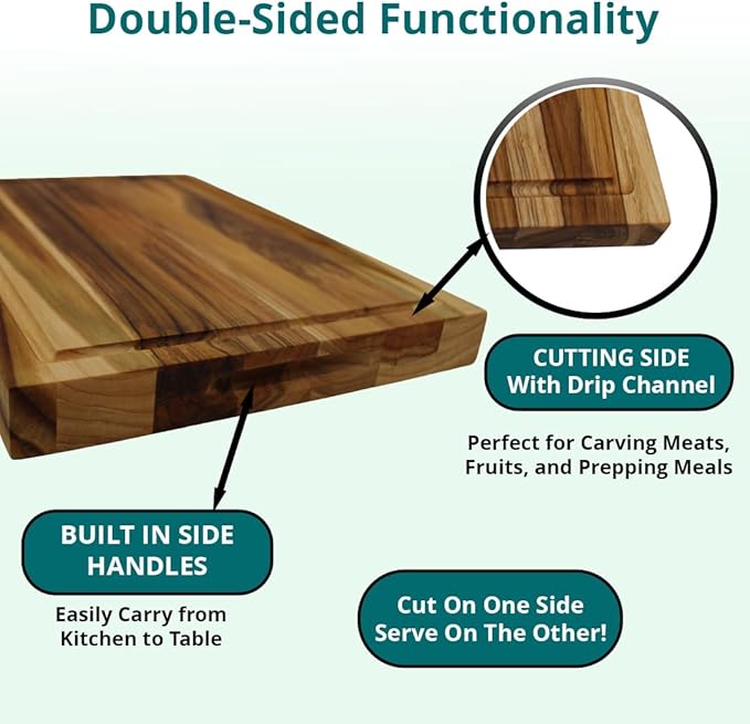 EcoDecors, Teak Cutting Board 14"x10", Reversible Teak Wood Edge Grain Carving Board with Juice