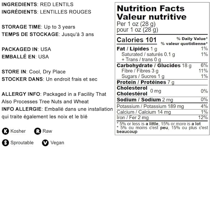 Food to Live - Whole Red Lentils, 2.5 Pounds Dry Raw Beans, Sproutable, Vegan, Kosher, Bulk. Easy