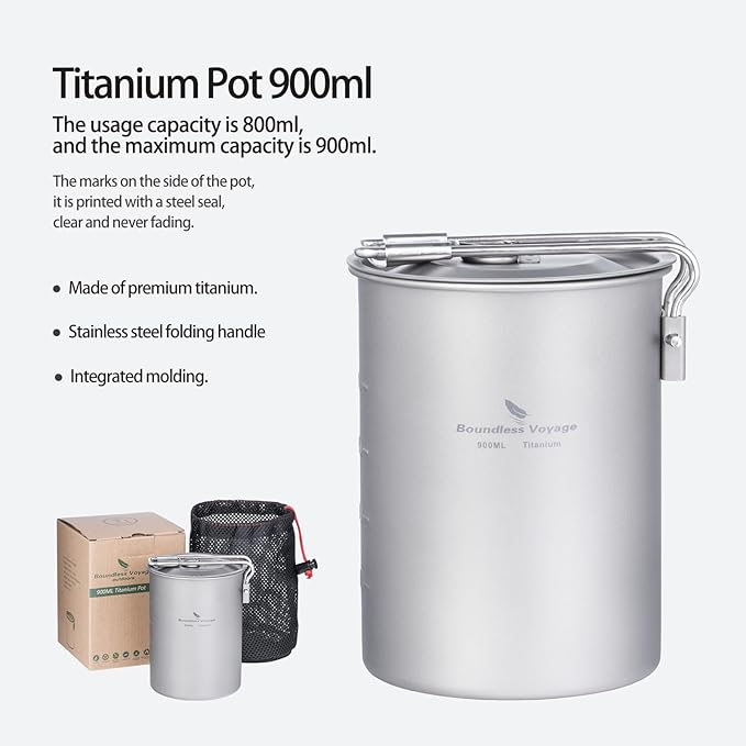 iBasingo 900ml Titanium Camping Cup with Lid Lightweight Portable Camping Pot for Backpacking